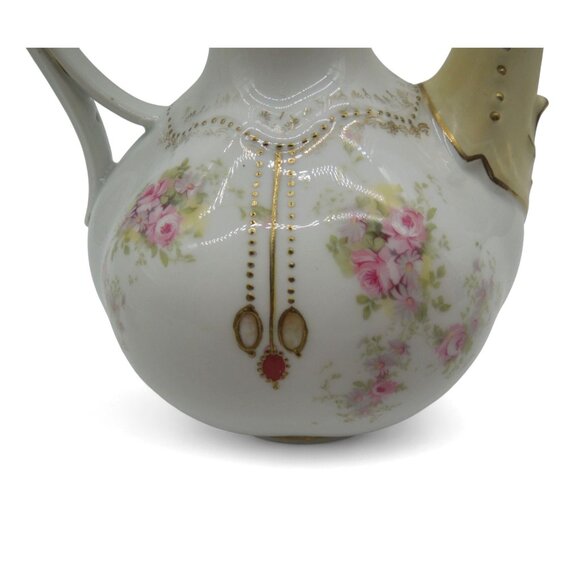 Antique RS PRUSSIA Porcelain Chocolate Pot Pink Floral & Gold Trim 8.6" - Picture 13 of 14